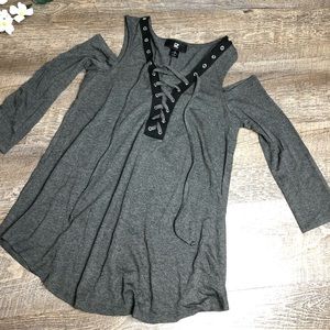 Juniors IZ Byer Cold Shoulder Laced up Top